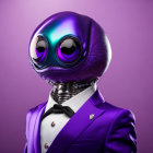 Stylized alien with green eyes in purple suit and bow tie on purple background