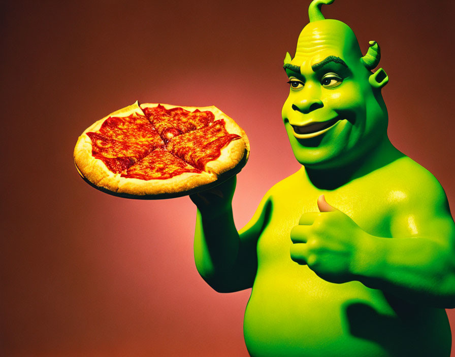 3D animated character with pizza giving thumbs-up on red background