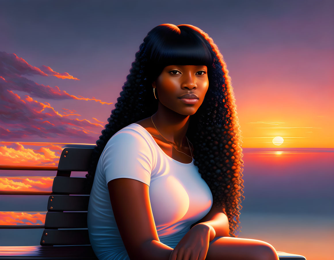 Digital artwork of woman on bench at sunset by calm sea