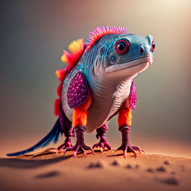 Colorful Frog-Like Creature with Feather-Like Appendages on Sand