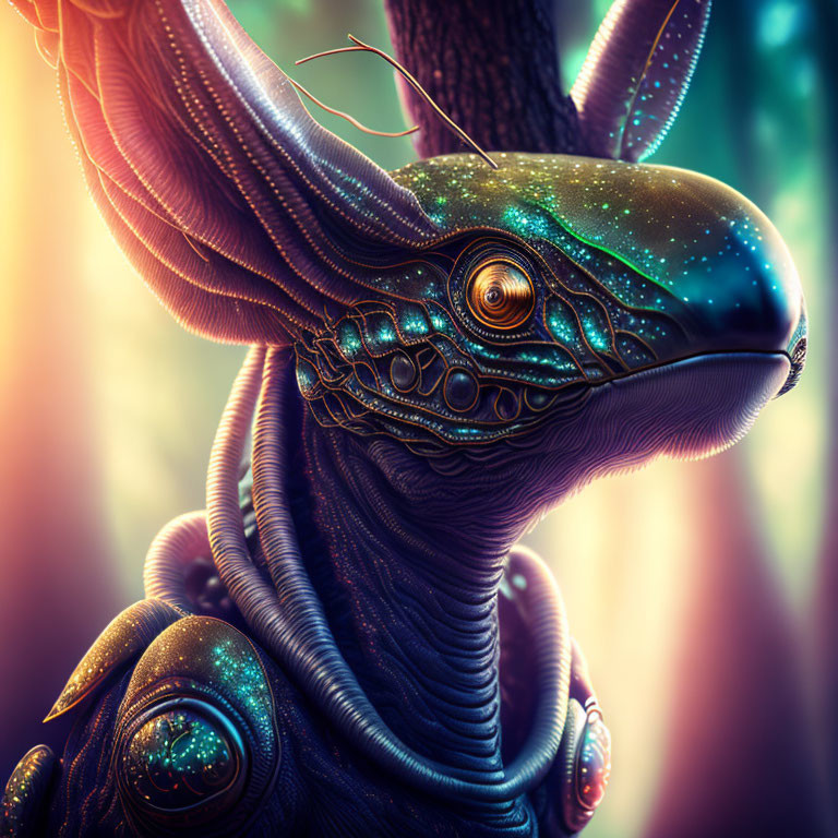 Colorful alien creature with iridescent scales and tentacle-like appendages in mystical forest.