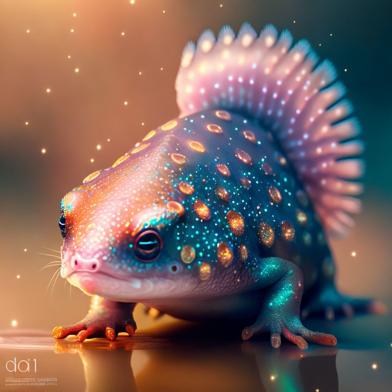 Colorful fantastical creature: Gecko-dinosaur hybrid with glowing spots and spiky back