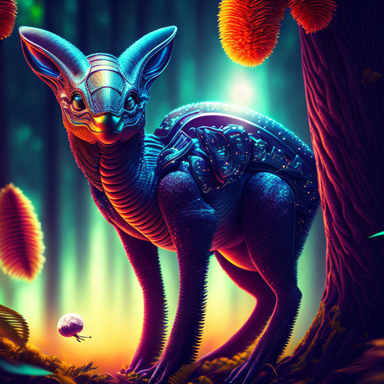 Colorful mechanical fennec fox in glowing forest with oversized mushrooms