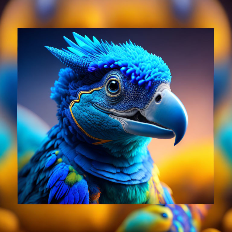 Colorful digital artwork: Parrot-like creature with blue feathers and golden accents