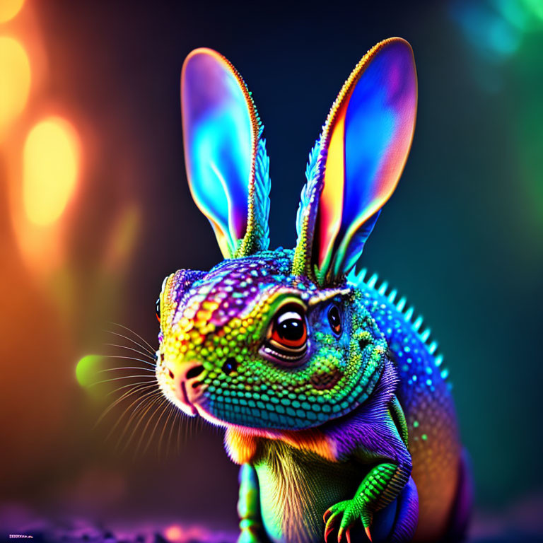 Colorful Digital Artwork: Rabbit-headed Creature on Reptile Body