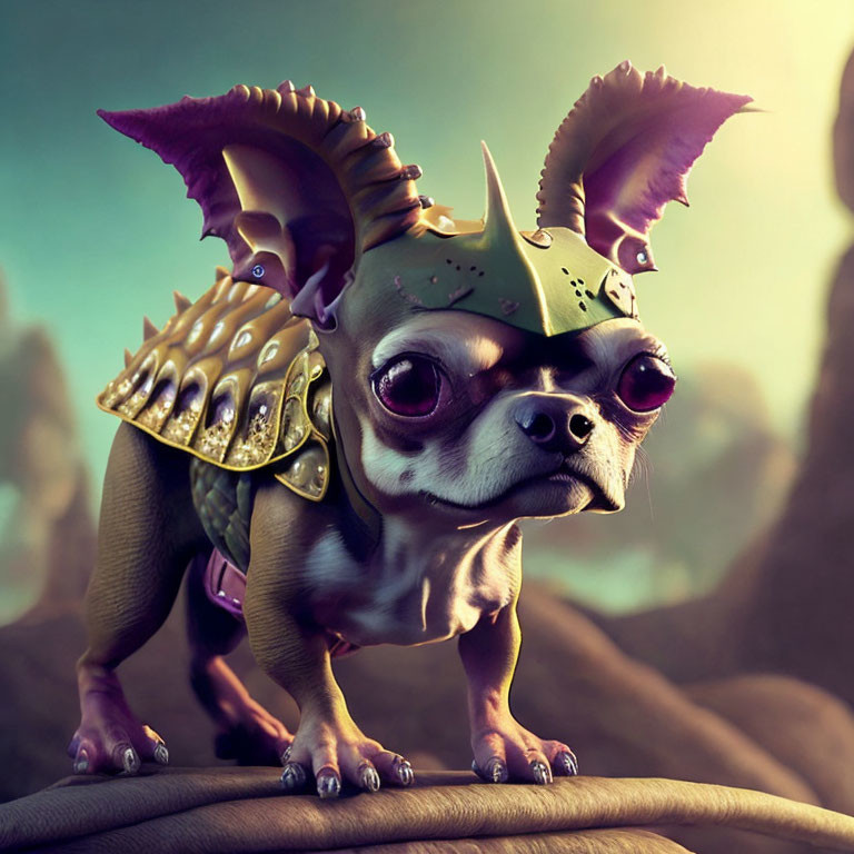 Chihuahua in fantasy armor on rock with dramatic background