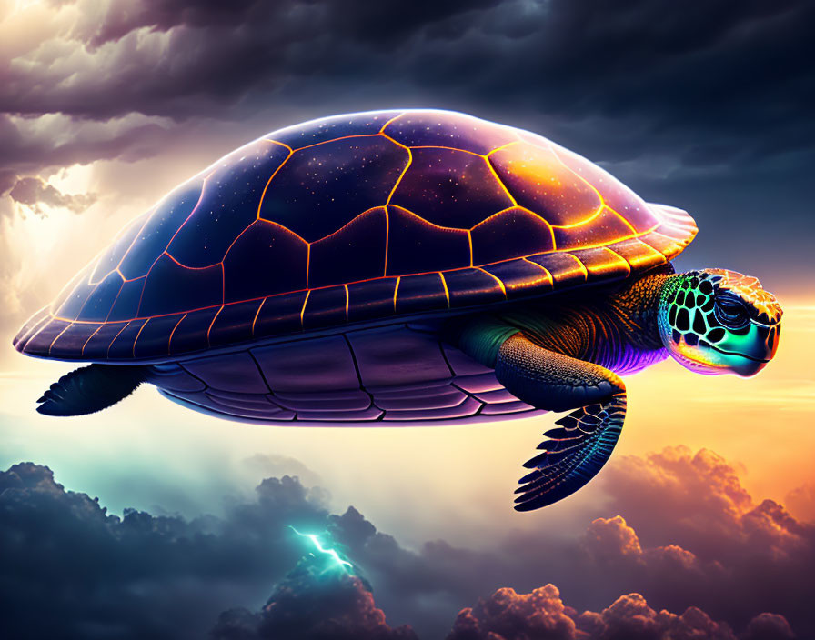 Colorful cosmic turtle with glowing shell in dramatic sky