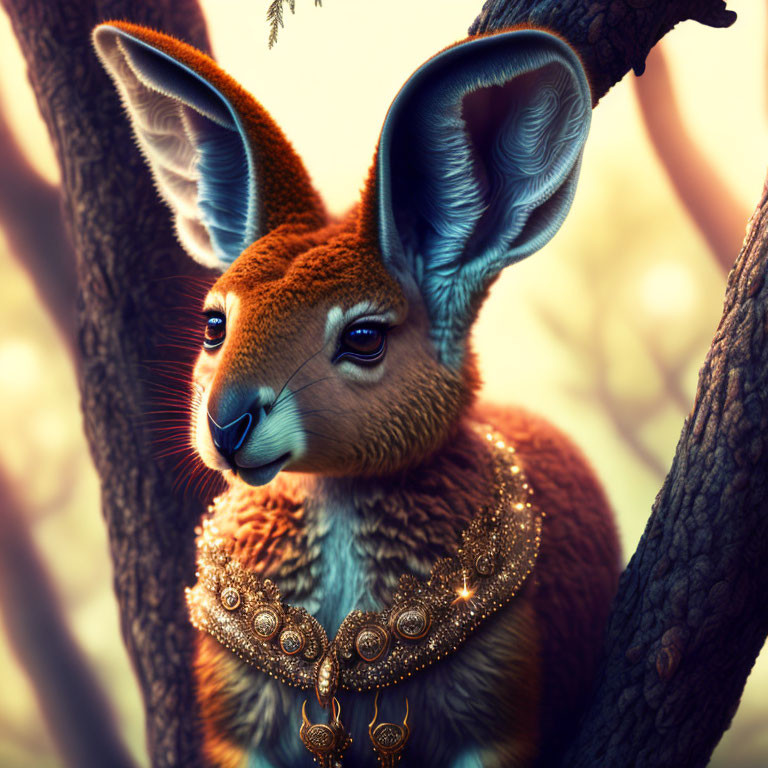 Anthropomorphized kangaroo with gem-studded necklace in forest setting