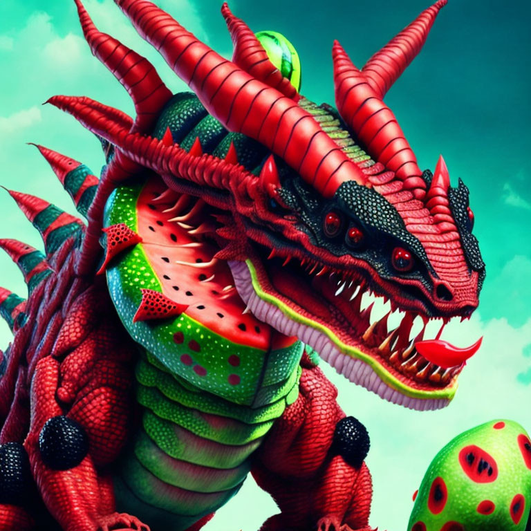 Colorful Dragon with Watermelon Skin and Sharp Teeth Against Blue Sky