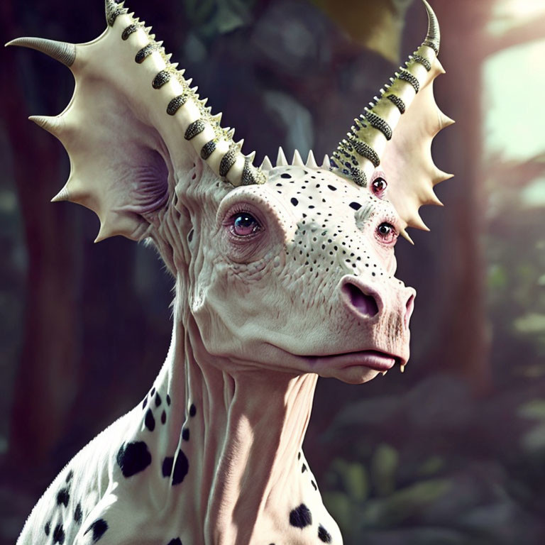 Fantastical creature with giraffe-like spotted neck, horns, frilled ears, and expressive eyes