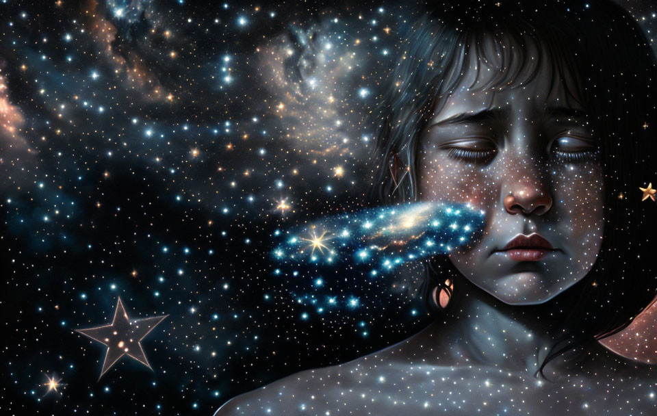 Surreal portrait featuring girl with stars and galaxies creating cosmic effect