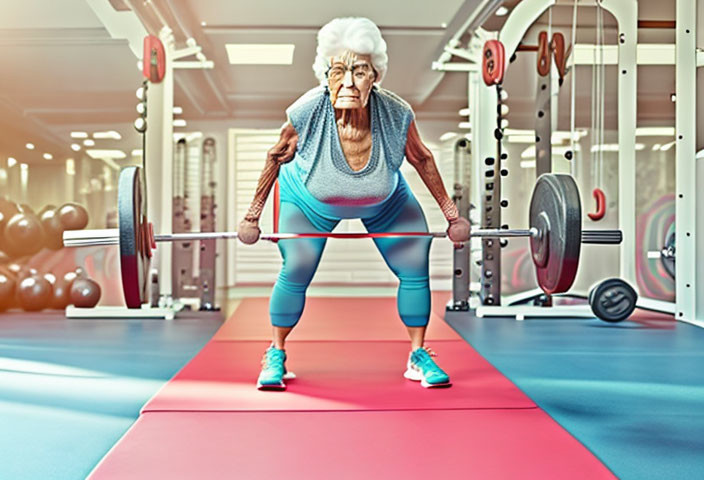 Elderly woman with white hair lifting barbell in gym