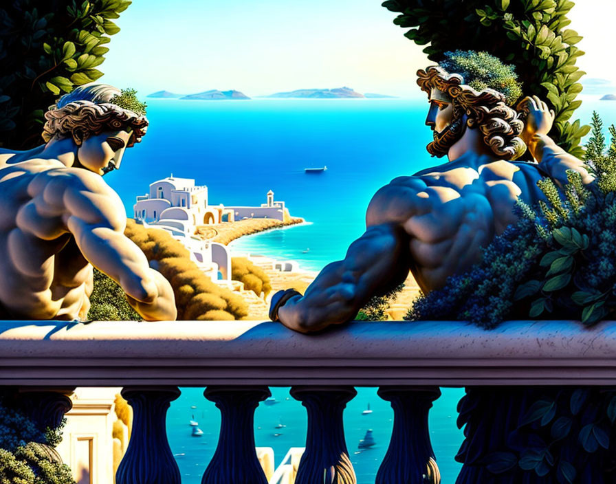 Animated Greek statues chat on balcony with coastal view