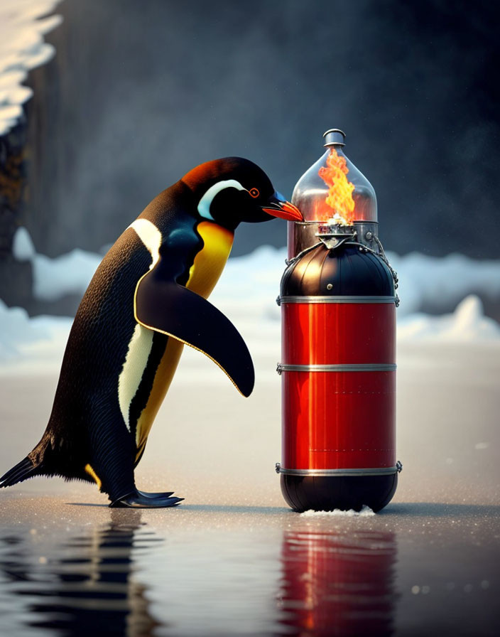 Curious penguin and oversized soda bottle in snowy scene