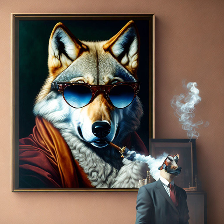Stylized Wolf Painting with Matching Real-Life Figure in Sunglasses and Suit