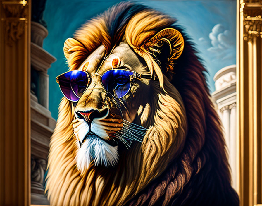 Majestic lion with purple aviator sunglasses against architectural backdrop