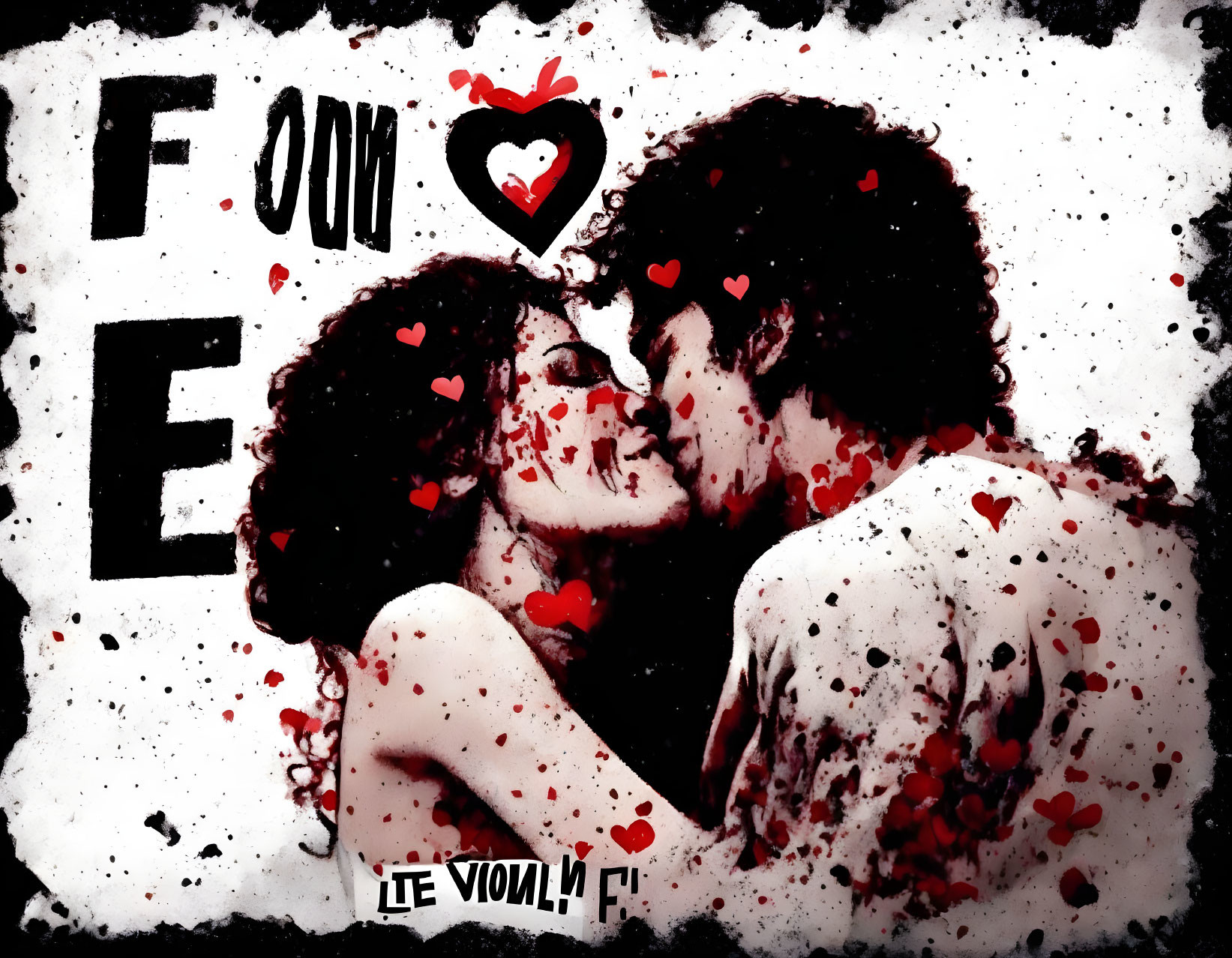 Stylized image of kissing couple with red accents and "LOVE" words
