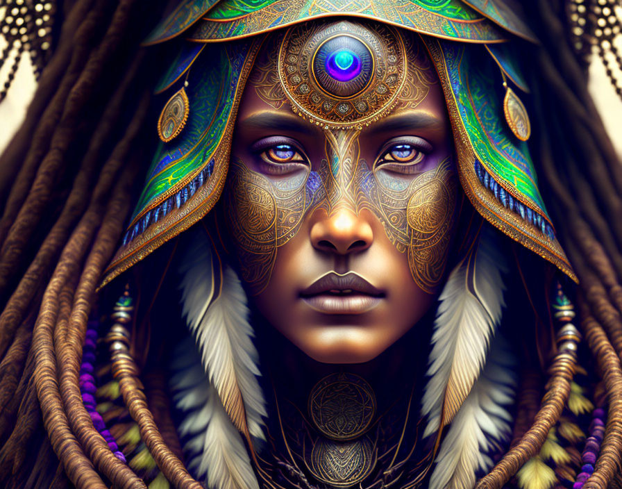Digital art portrait featuring person adorned with tribal patterns and intricate headdress.