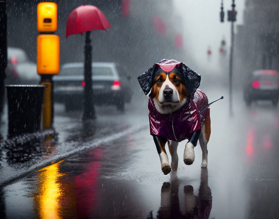 Dog in raincoat walking on wet street with person holding red umbrella