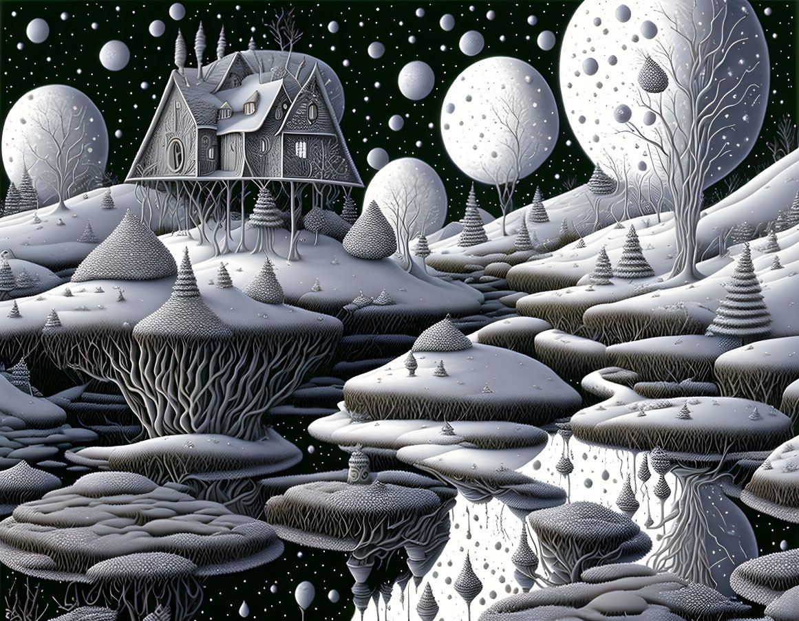 Monochrome whimsical winter landscape with house, trees, and floating terrains