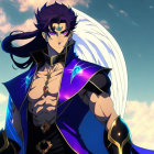Animated character with flowing blue hair in ornate black and gold outfit against sky backdrop
