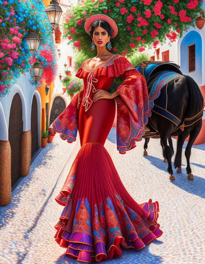 Woman in vibrant red flamenco dress with horse and flowers in picturesque street