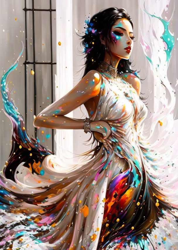 Colorful painting of a woman in flowing dress with dynamic pose