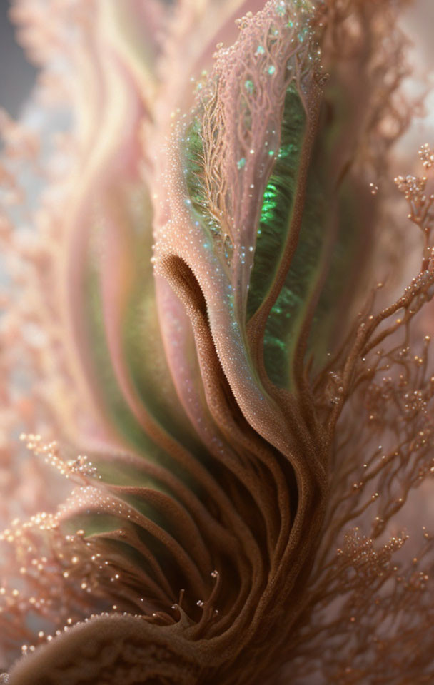 Delicate, Feathery Structure in Pastel Shades with Iridescent Green Hints