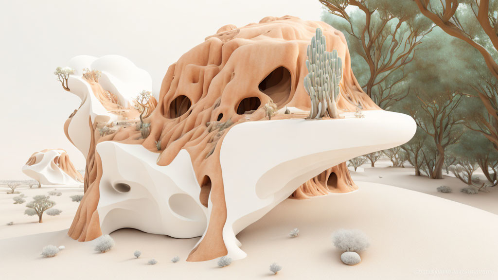 Surreal landscape with bone-like structures and trees under soft-lit sky