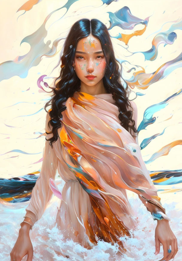 Whimsical painting of woman with long hair and peach scarf surrounded by colorful brushstrokes