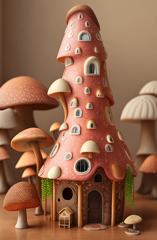 Colorful Mushroom House Illustration in Earthy Setting