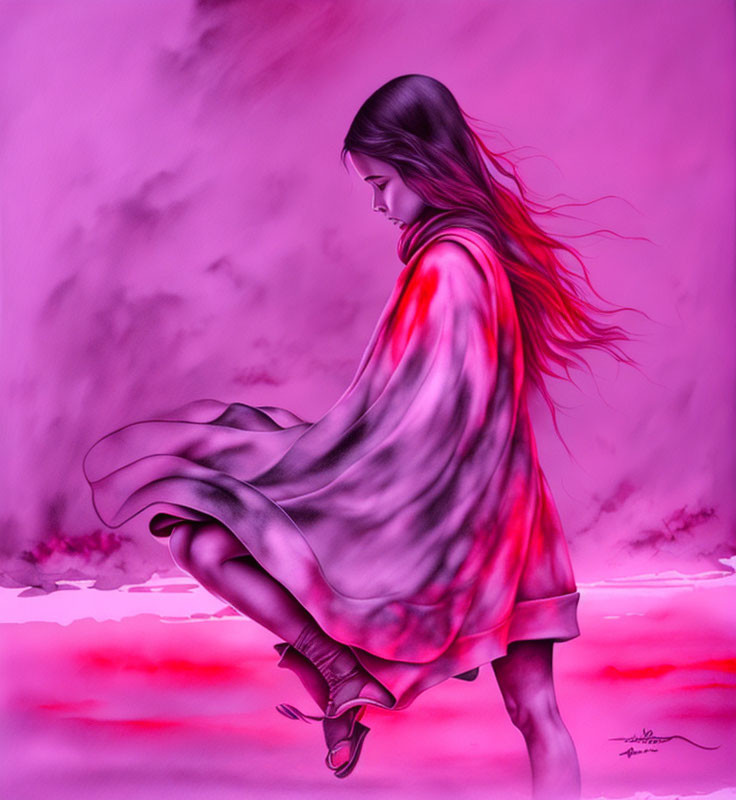 Stylized illustration of woman in red cape levitating over pink surface
