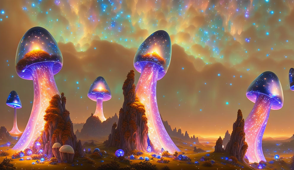 Vivid Starry Sky with Glowing Mushroom-like Structures