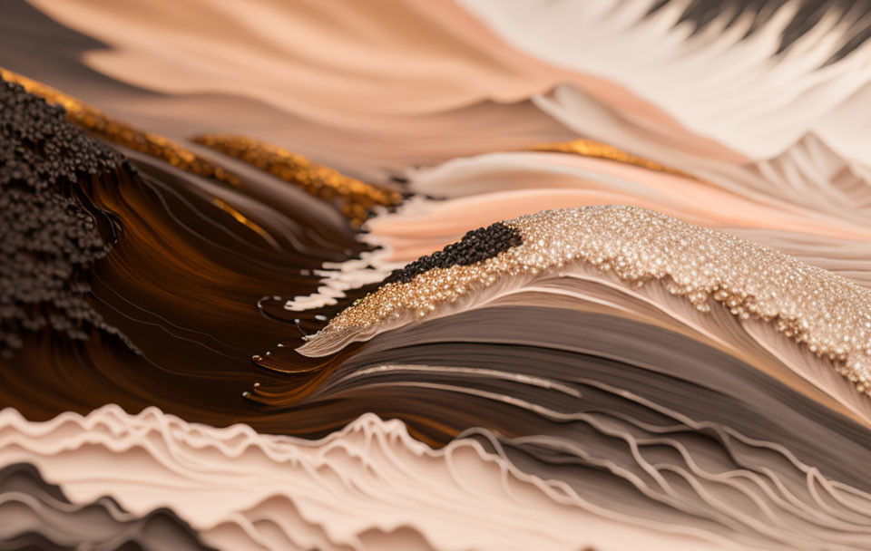 Brown, White, and Gold Abstract Liquid Art with Flowing Layers