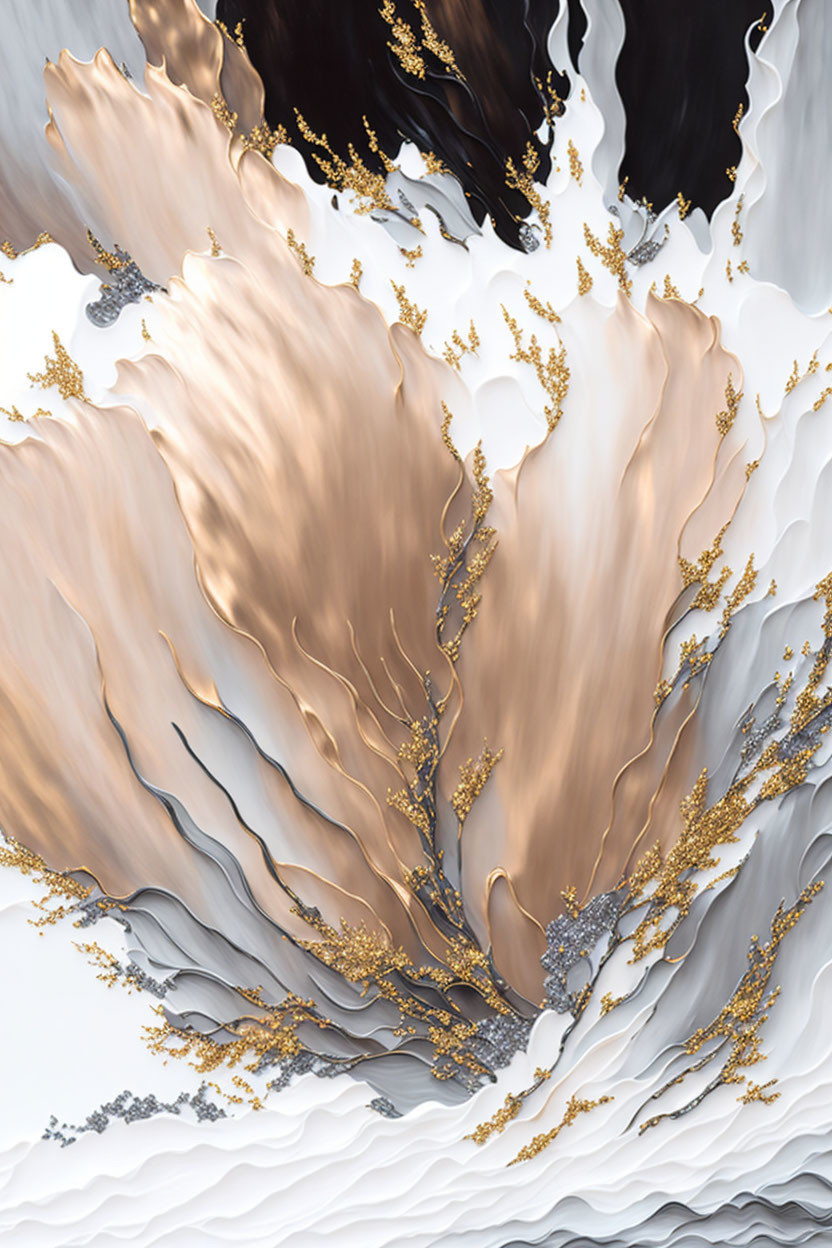 Fluid black, white, gold, and copper abstract art with luxurious marbled patterns