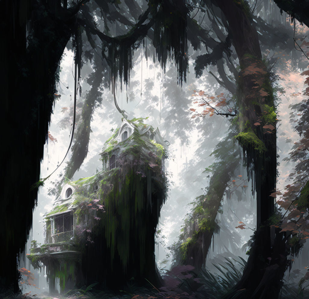 Ethereal forest with mist, large trees, and overgrown house evoking mystery.