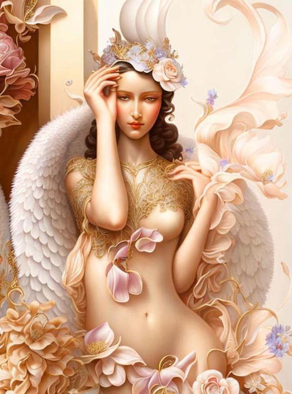Serene angelic figure with white wings and floral elements in soft pink backdrop