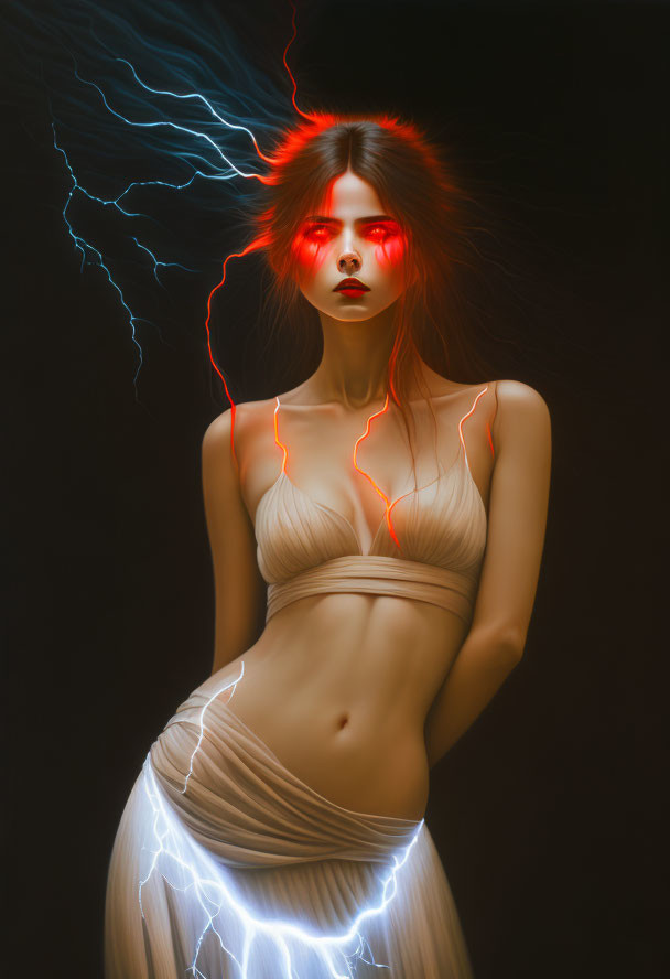 Digital Artwork: Woman with Red Glowing Eyes and Lightning Effects