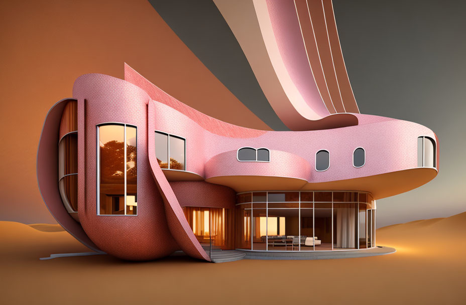 Futuristic pink house with curvilinear design in orange desert landscape