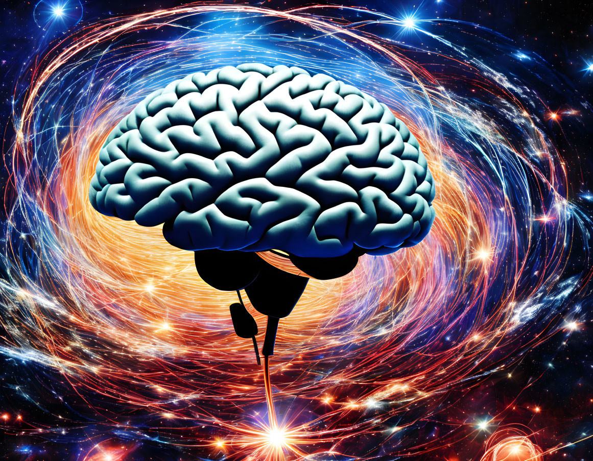 Vibrant cosmic background with human brain symbolizing cosmic intelligence