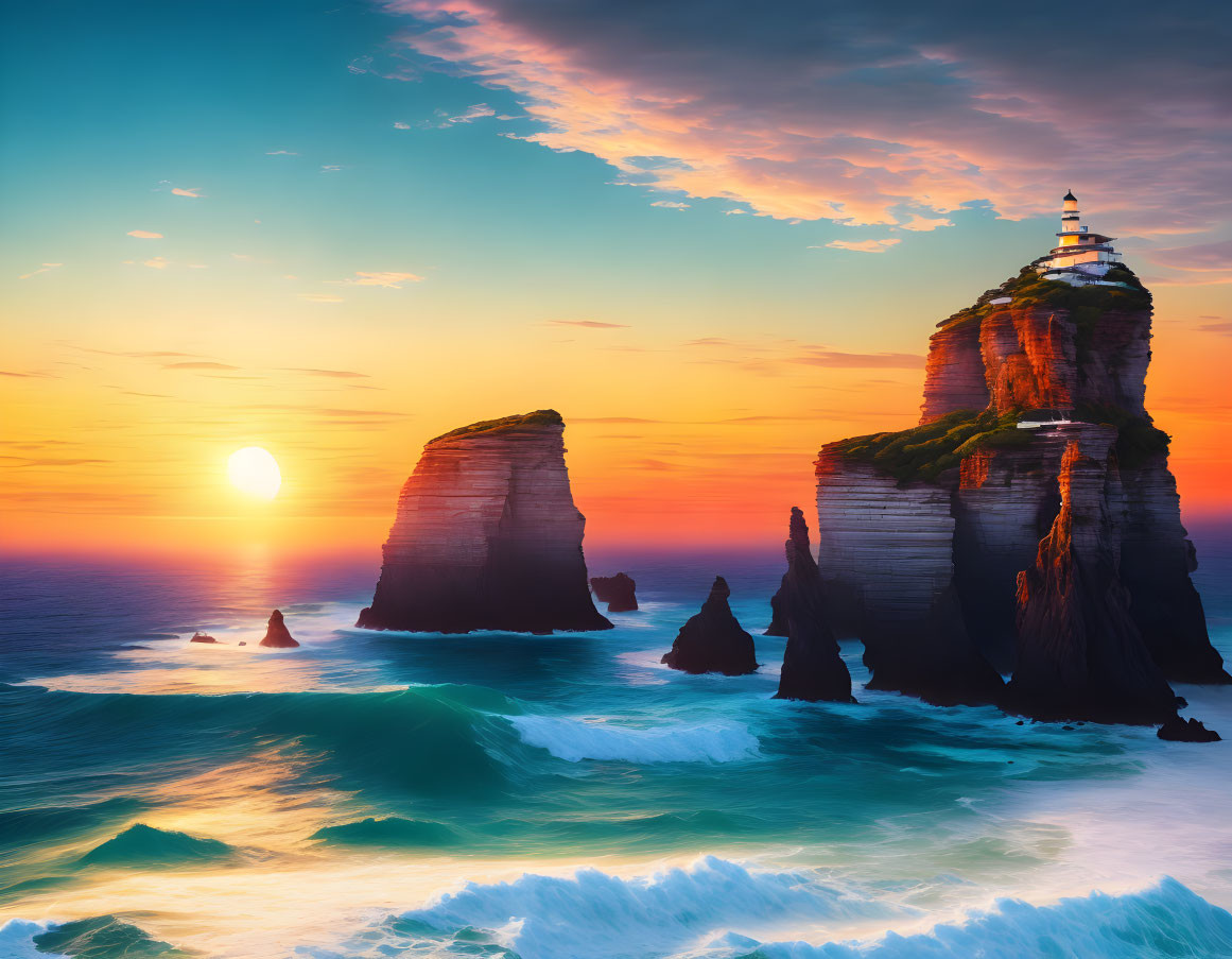 Scenic sunset over ocean with crashing waves and lighthouse on sea stack