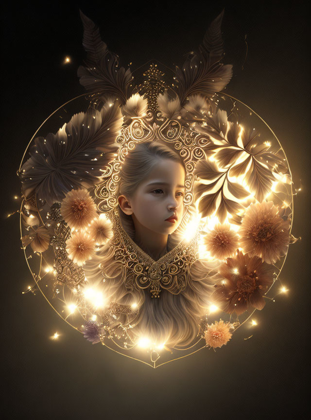 Detailed illustration of woman's face with glowing wings and golden floral patterns