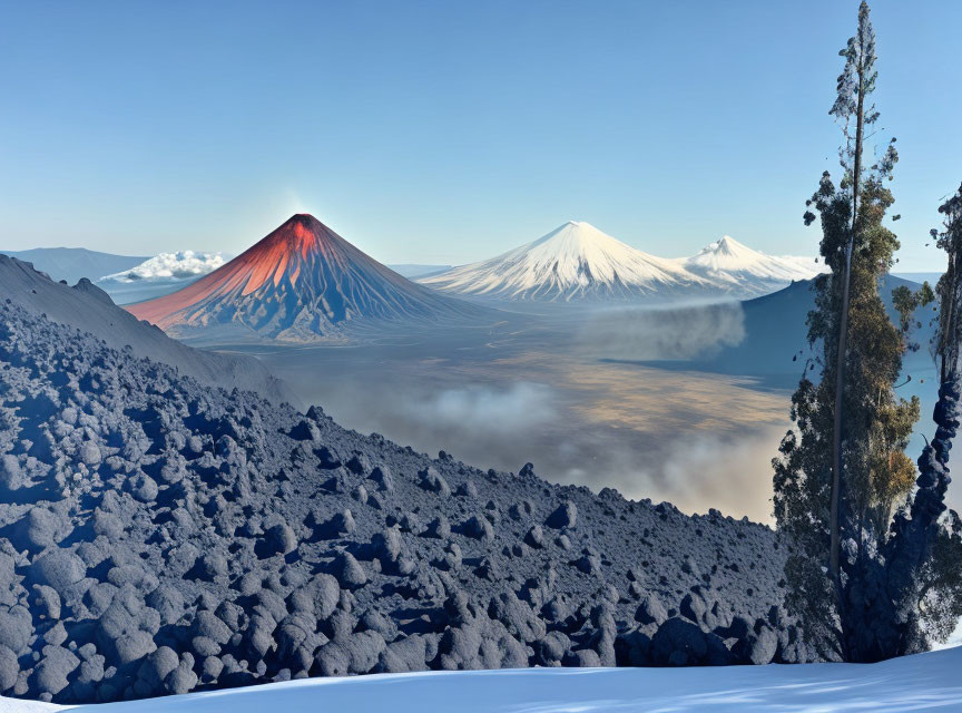 Snowy foreground with volcanic rocks and distant snow-capped volcanoes in a valley under clear blue sky