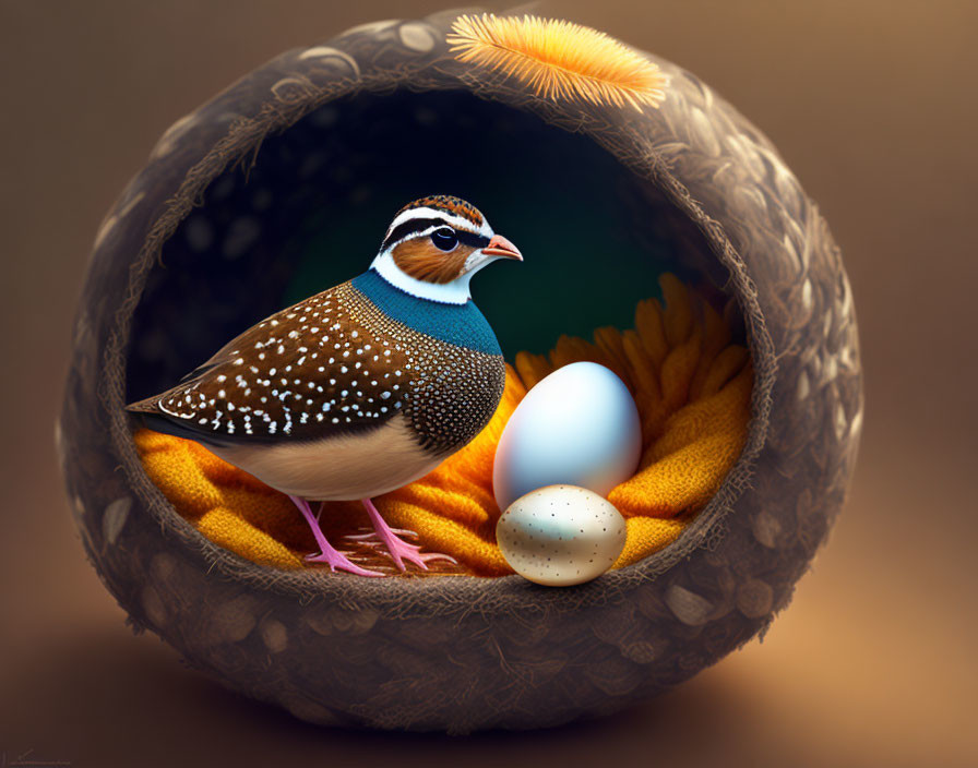Colorful Quail with Patterned Feathers Guarding Speckled Eggs