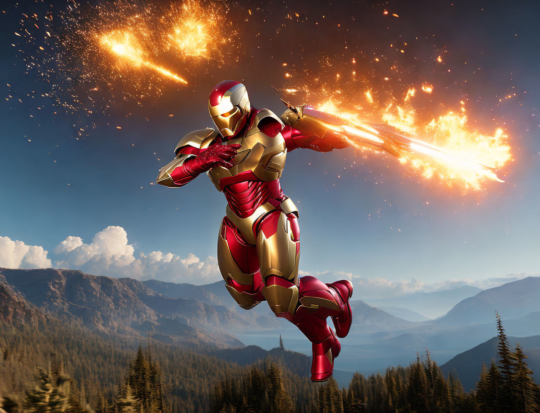 Superhero flying with rocket boosters over mountain landscape.