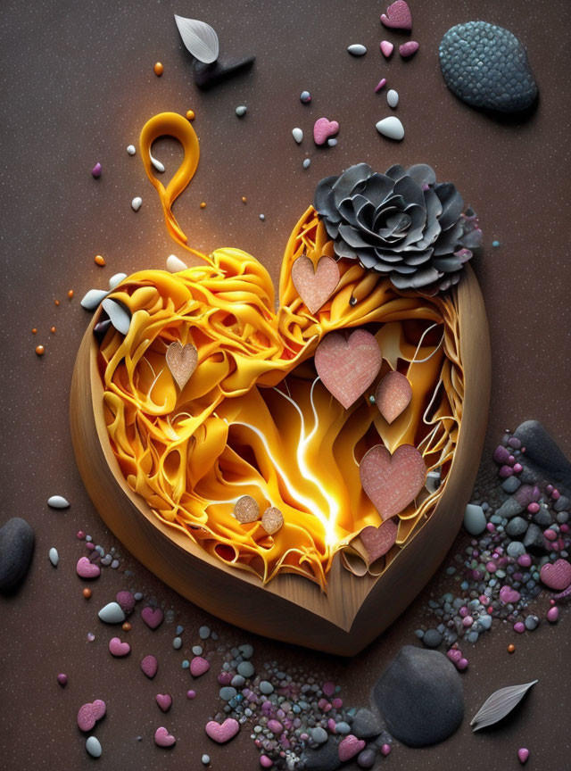 Heart-shaped wooden bowl with swirling orange pasta and decorative accents on brown background