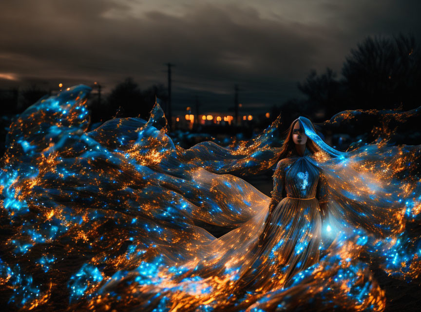 Person in Glowing Blue Dress Under Twilight Sky