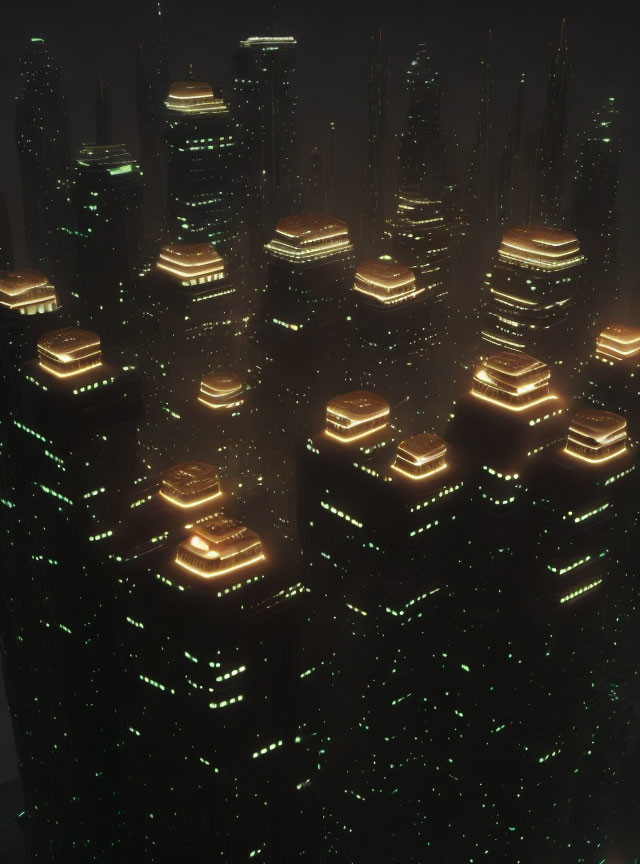 Futuristic night cityscape with yellow and green lights under hazy sky