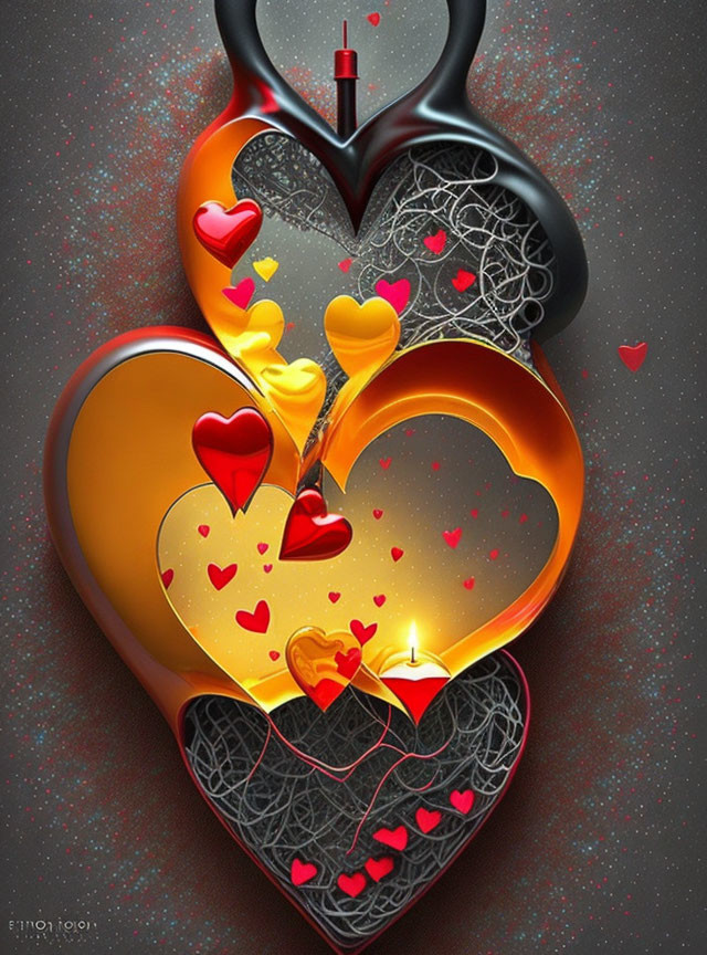 Stylized hourglass with hearts in red and gold on glittery gray background