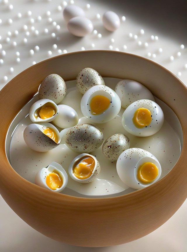 Soft-boiled Quail Eggs with Creamy Yolks and Black Pepper Garnish on White Be